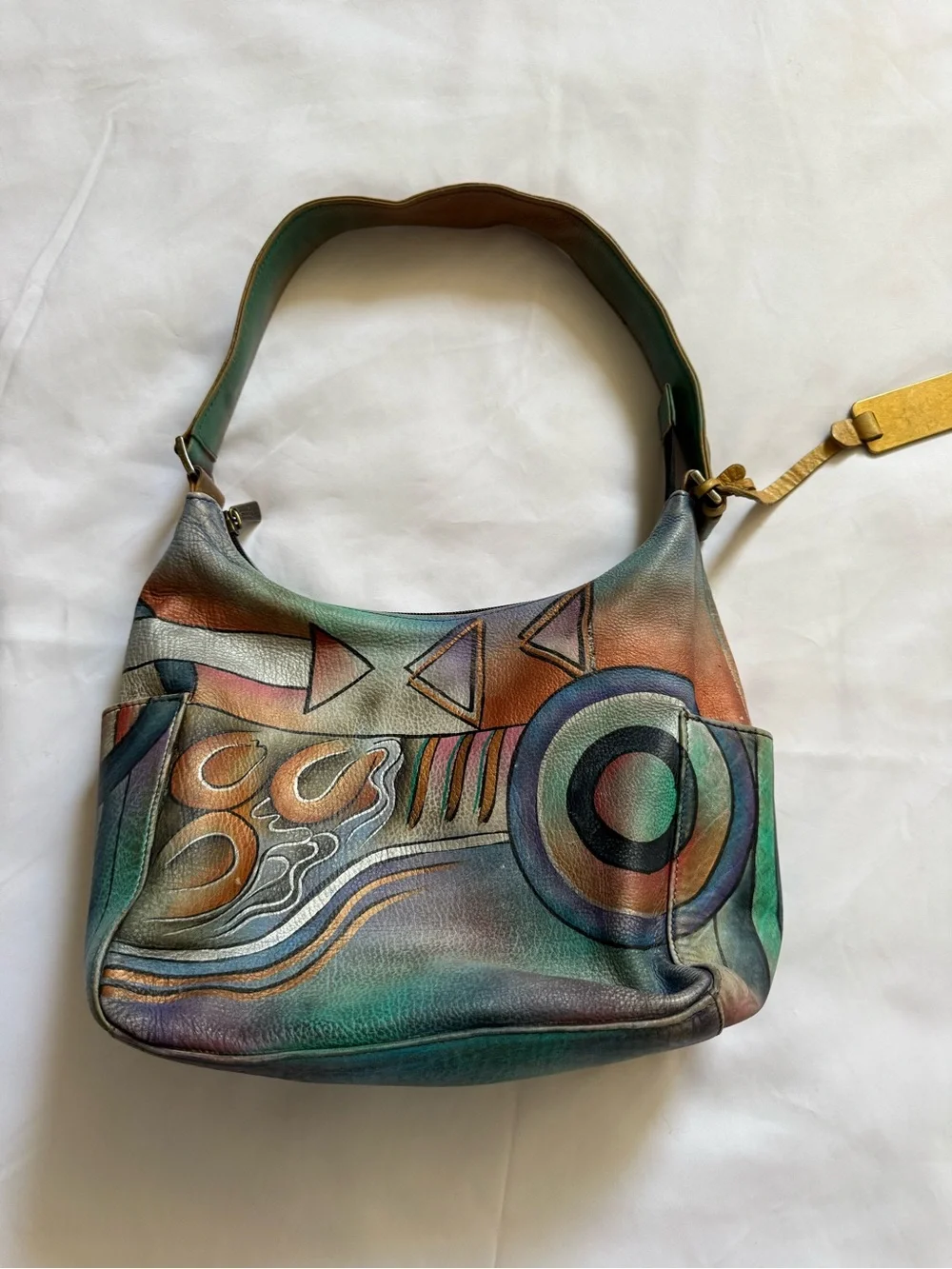 Anuschka Hand-Painted Genuine Leather Hobo Bag Abstract Art Shoulder Purse